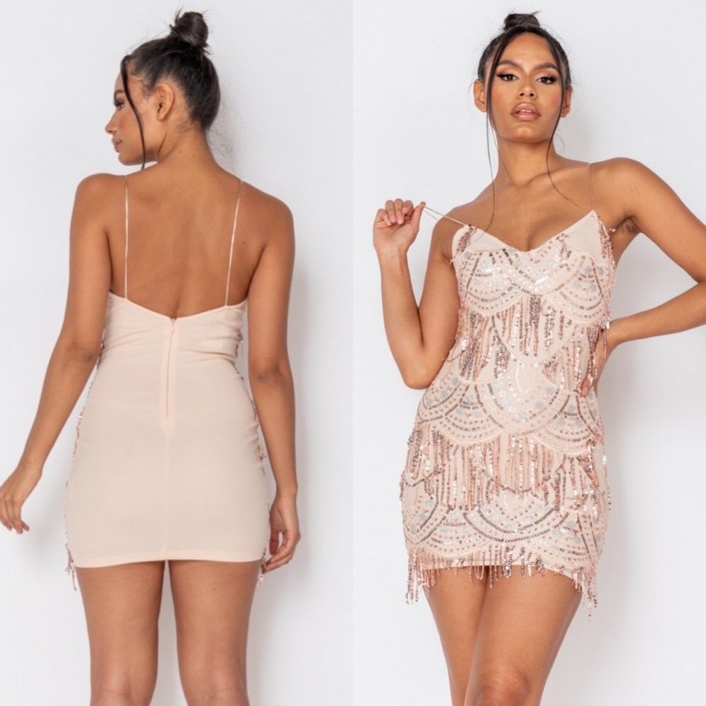 Sequin Sleeveless V-Neck Low Back Backless Bodycon Mini Dress